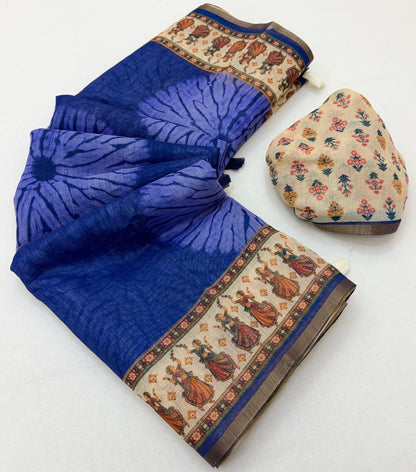 Impressive Royal Blue Printed Cotton Silk Saree With Staggering Blouse Piece
