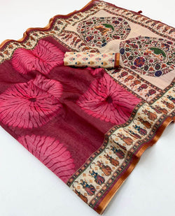 Vibrant Maroon Printed Cotton Silk Saree With Unequalled Blouse Piece