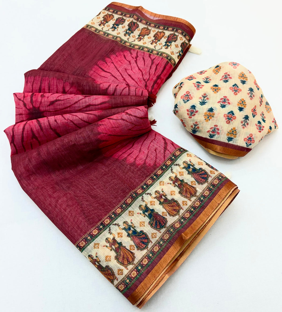 Vibrant Maroon Printed Cotton Silk Saree With Unequalled Blouse Piece