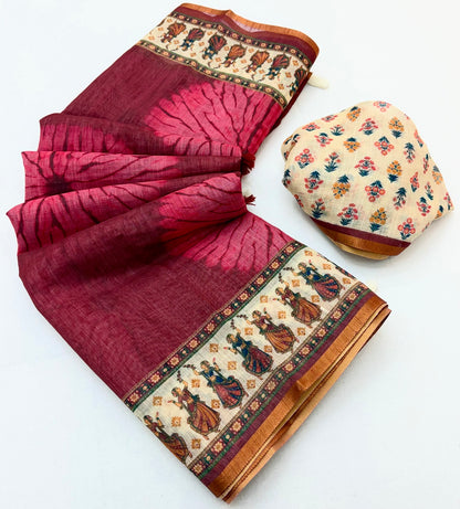 Vibrant Maroon Printed Cotton Silk Saree With Unequalled Blouse Piece