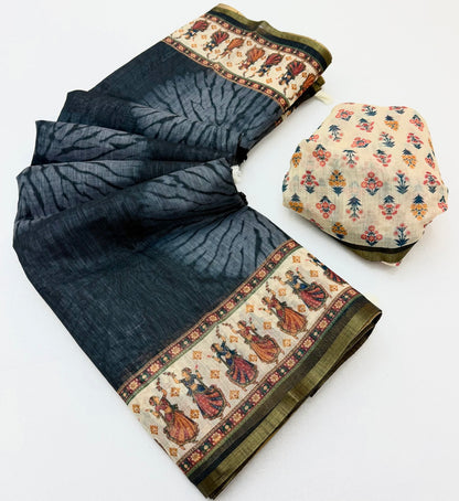 Flameboyant Black Printed Cotton Silk Saree With Nemesis Blouse Piece