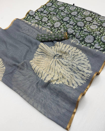 Marvellous Grey Printed Cotton Silk Saree With Elaborate Blouse Piece
