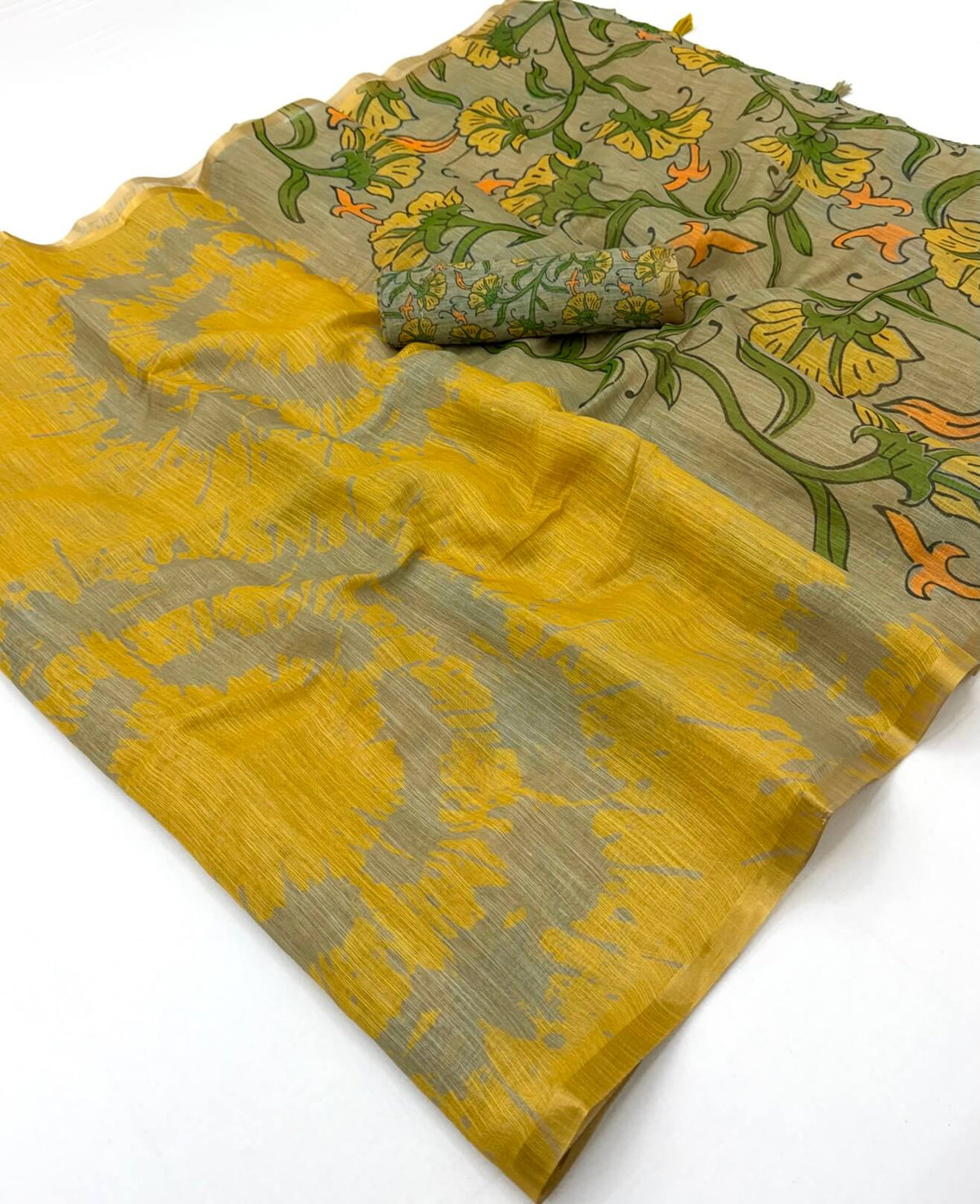Scrupulous Yellow Printed Cotton Silk Saree With Magnetic Blouse Piece