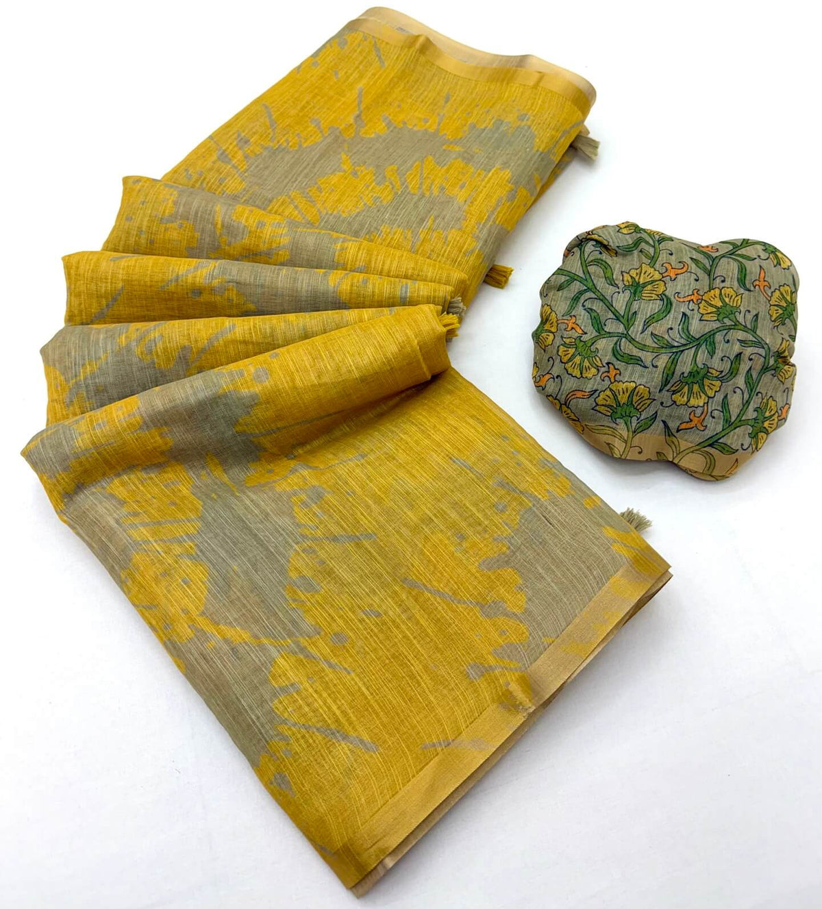 Scrupulous Yellow Printed Cotton Silk Saree With Magnetic Blouse Piece