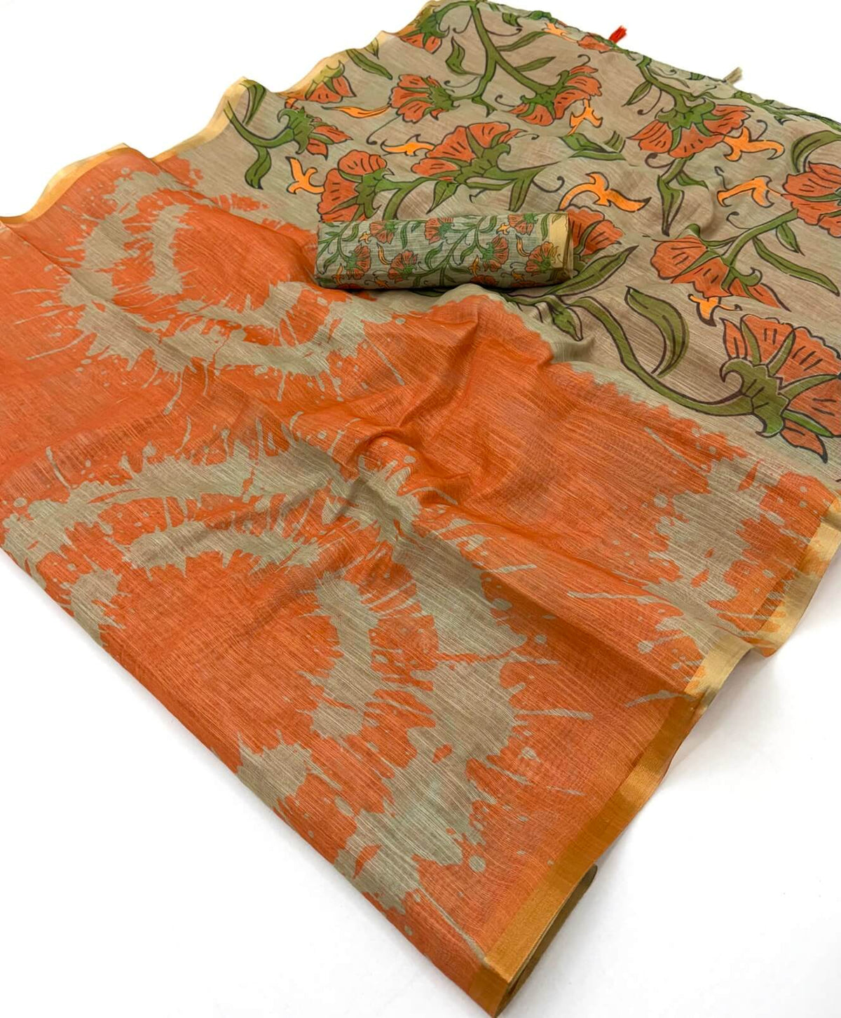Prominent Orange Printed Cotton Silk Saree With Amiable Blouse Piece