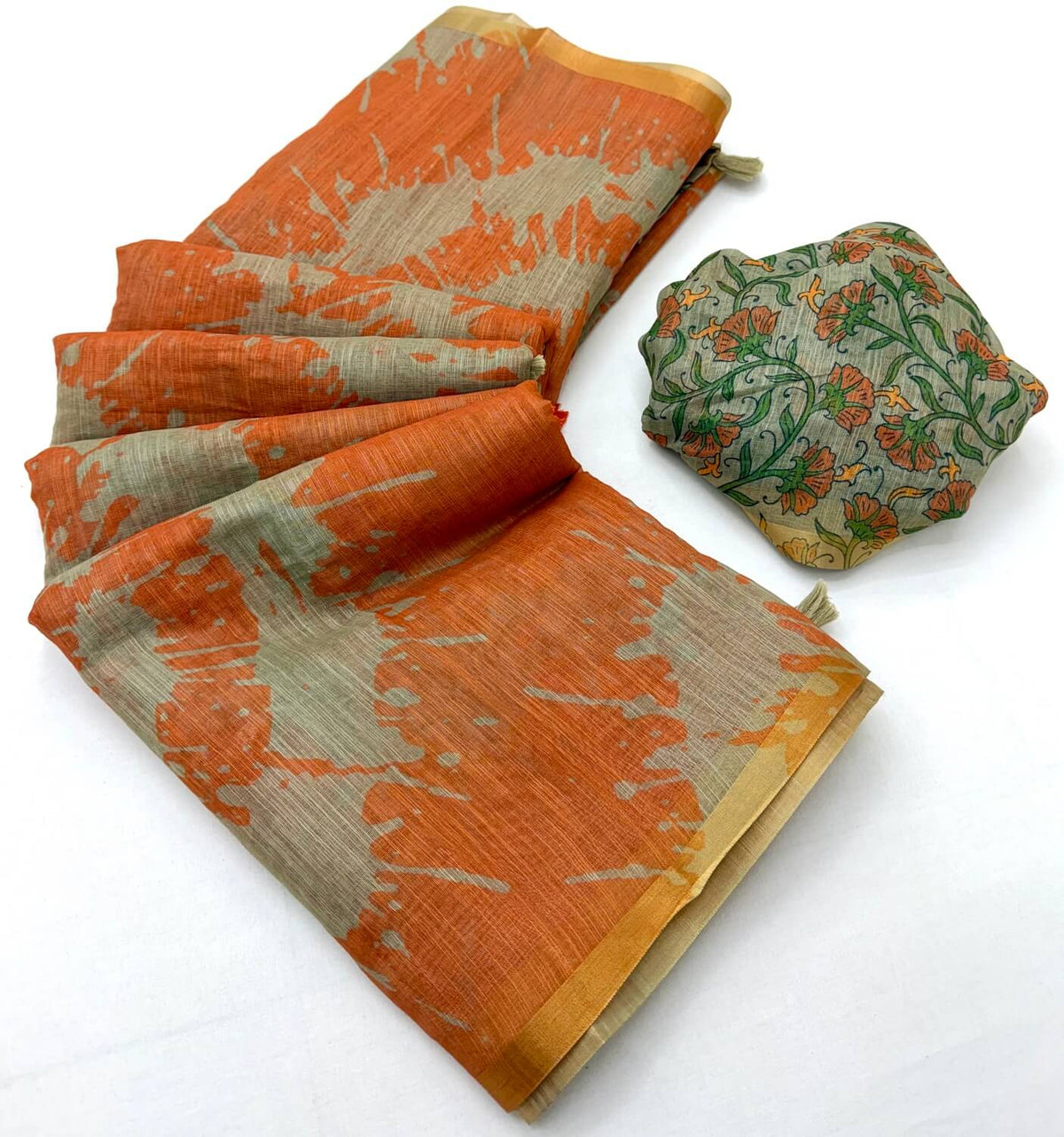 Prominent Orange Printed Cotton Silk Saree With Amiable Blouse Piece