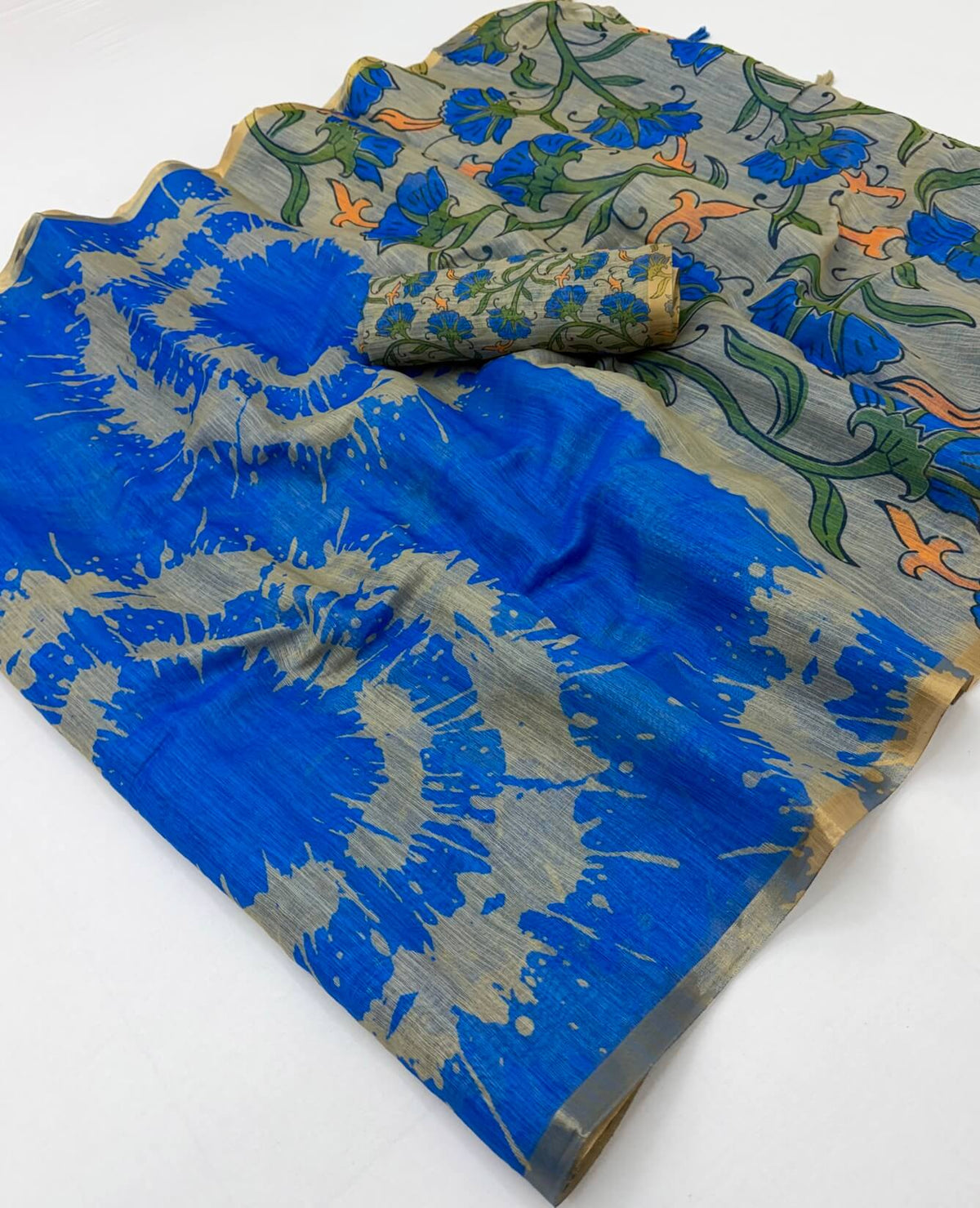 Effulgent Royal Blue Printed Cotton Silk Saree With Exquisite Blouse Piece