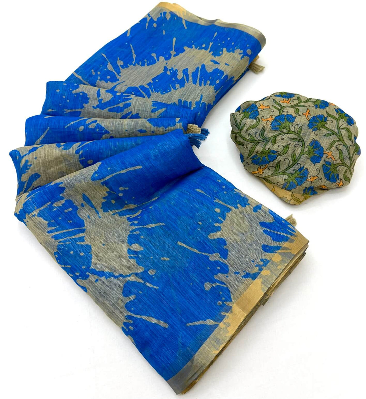 Effulgent Royal Blue Printed Cotton Silk Saree With Exquisite Blouse Piece