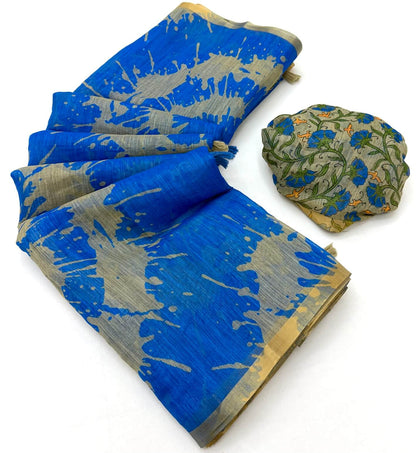 Effulgent Royal Blue Printed Cotton Silk Saree With Exquisite Blouse Piece