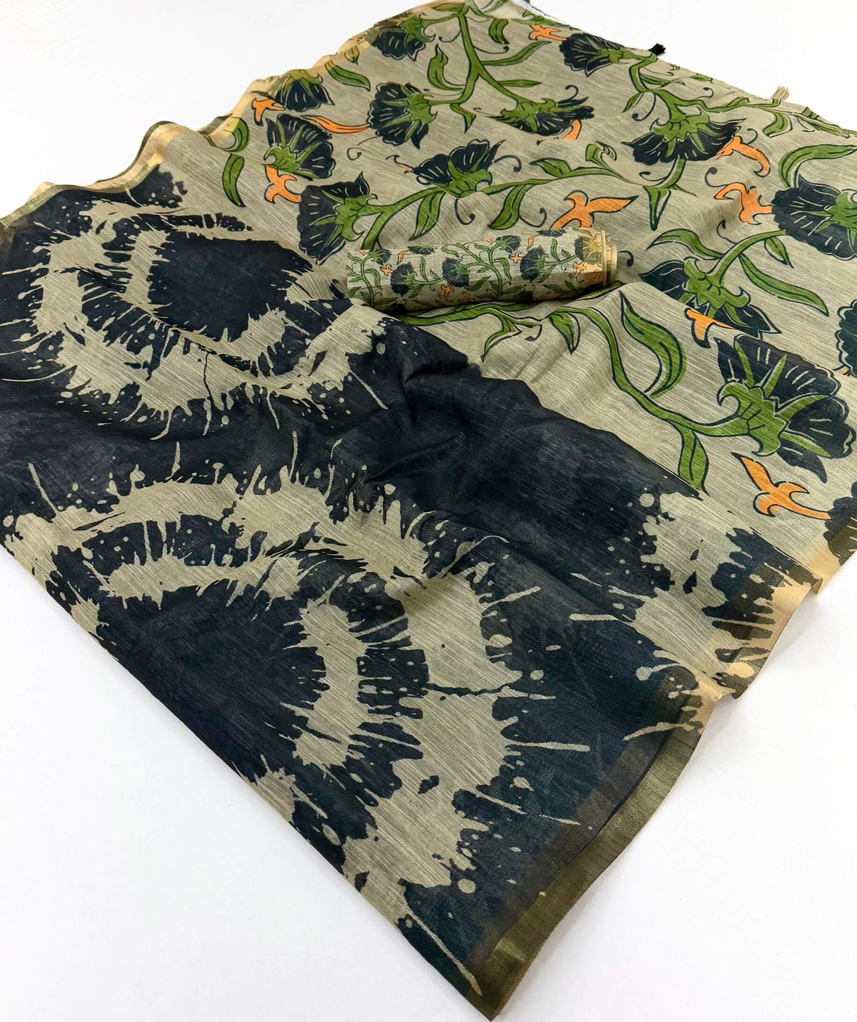 Conflate Black Printed Cotton Silk Saree With Hypnotic Blouse Piece