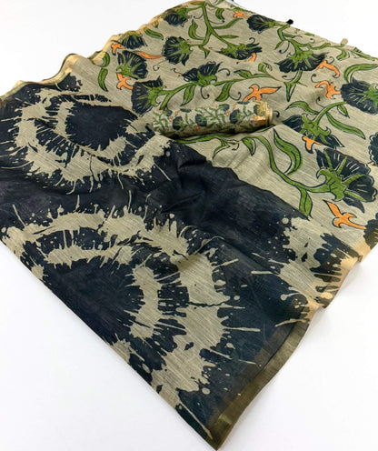 Conflate Black Printed Cotton Silk Saree With Hypnotic Blouse Piece