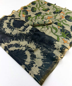 Conflate Black Printed Cotton Silk Saree With Hypnotic Blouse Piece