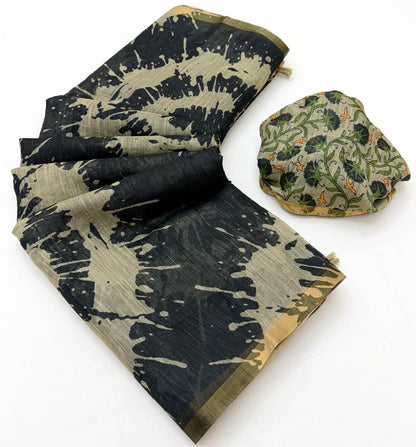 Conflate Black Printed Cotton Silk Saree With Hypnotic Blouse Piece