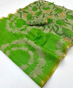 Flameboyant Green Printed Cotton Silk Saree With Adoring Blouse Piece