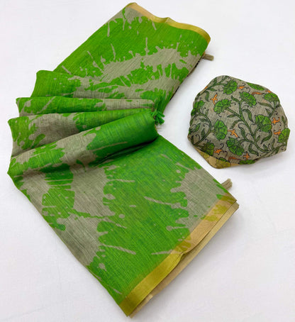 Flameboyant Green Printed Cotton Silk Saree With Adoring Blouse Piece