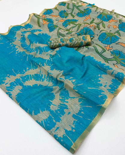 Quixotic Firozi Printed Cotton Silk Saree With Smashing Blouse Piece