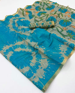Quixotic Firozi Printed Cotton Silk Saree With Smashing Blouse Piece