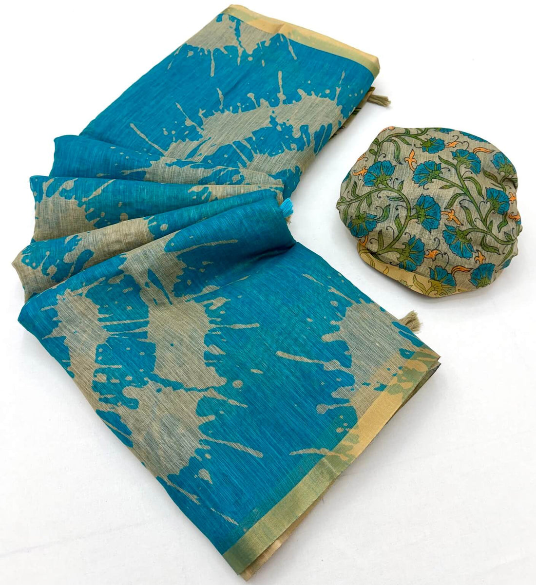 Quixotic Firozi Printed Cotton Silk Saree With Smashing Blouse Piece