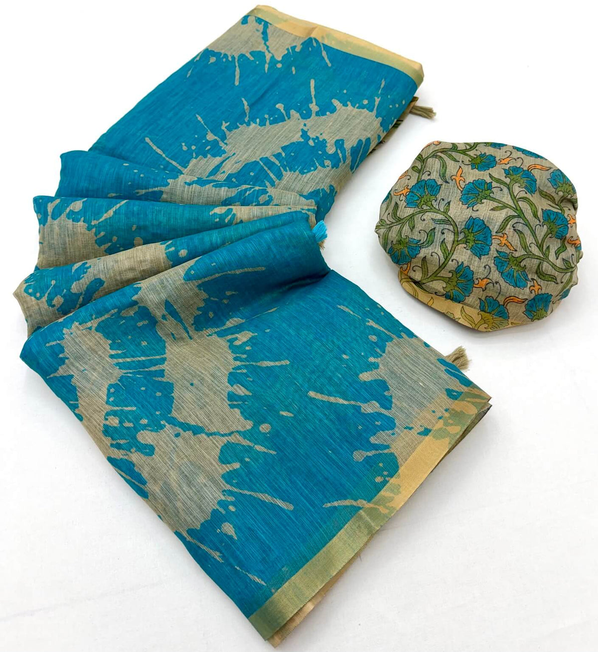 Quixotic Firozi Printed Cotton Silk Saree With Smashing Blouse Piece