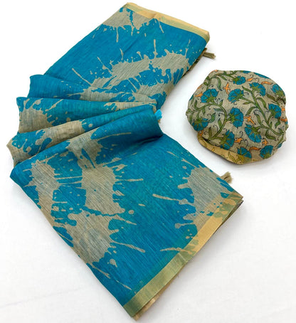 Quixotic Firozi Printed Cotton Silk Saree With Smashing Blouse Piece