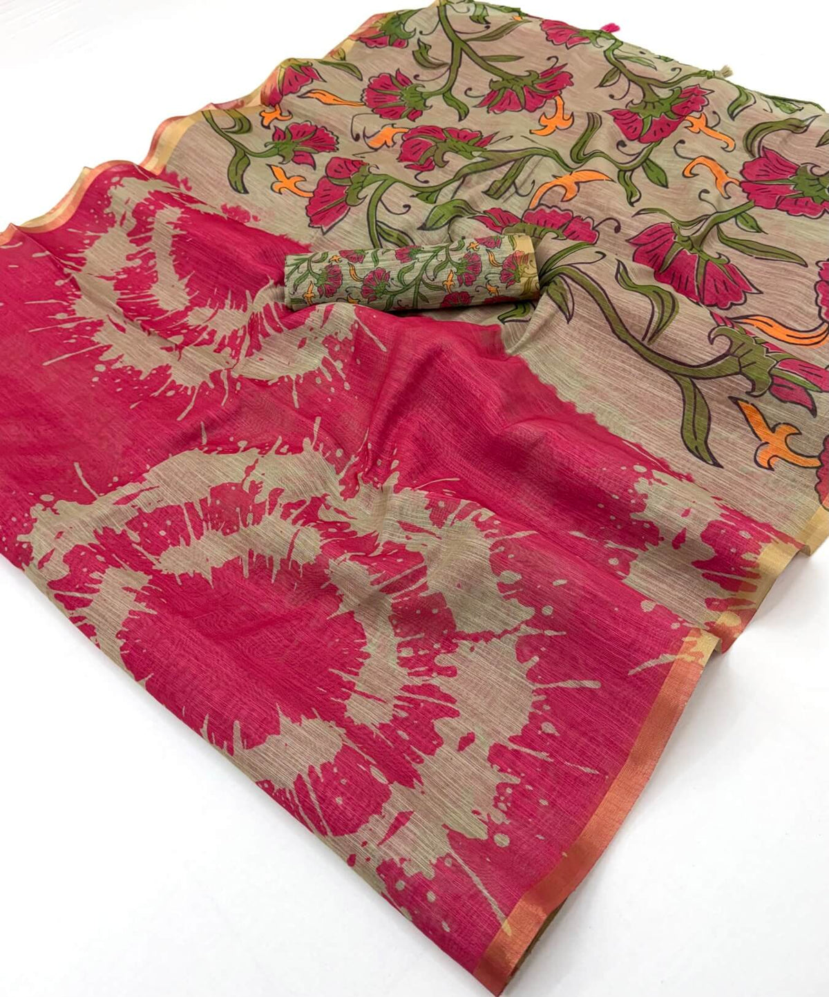 Ebullience Dark Pink Printed Cotton Silk Saree With Precious Blouse Piece