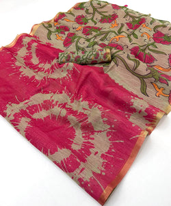 Ebullience Dark Pink Printed Cotton Silk Saree With Precious Blouse Piece