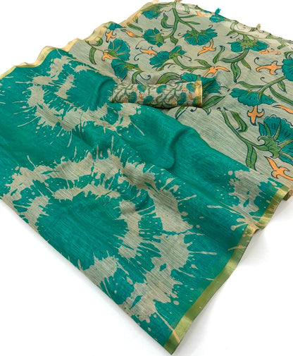 Sumptuous Rama Printed Cotton Silk Saree With Grandiose Blouse Piece