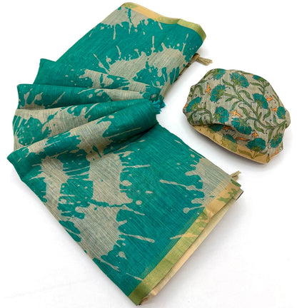 Sumptuous Rama Printed Cotton Silk Saree With Grandiose Blouse Piece
