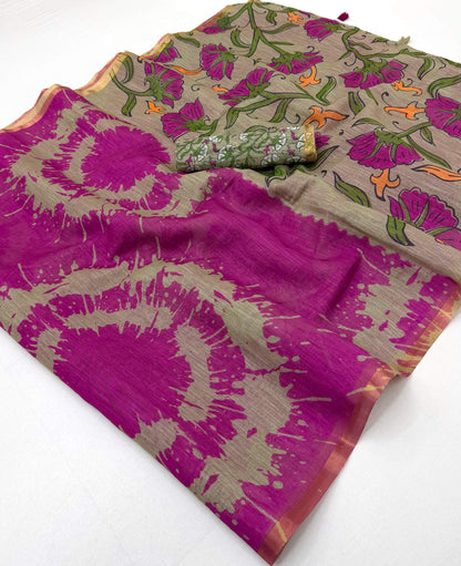 Mellifluous Purple Printed Cotton Silk Saree With Glowing Blouse Piece