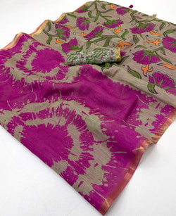 Mellifluous Purple Printed Cotton Silk Saree With Glowing Blouse Piece