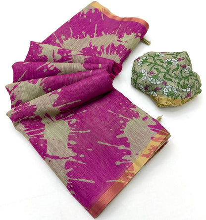 Mellifluous Purple Printed Cotton Silk Saree With Glowing Blouse Piece