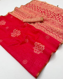 Demanding Red Printed Cotton Silk Saree With Incomparable Blouse Piece