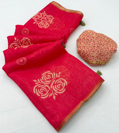 Demanding Red Printed Cotton Silk Saree With Incomparable Blouse Piece