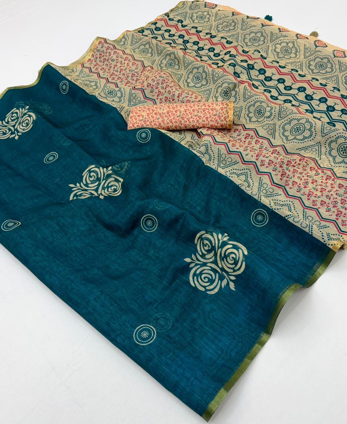 Classic Rama Printed Cotton Silk Saree With Epiphany Blouse Piece