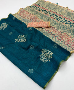 Classic Rama Printed Cotton Silk Saree With Epiphany Blouse Piece