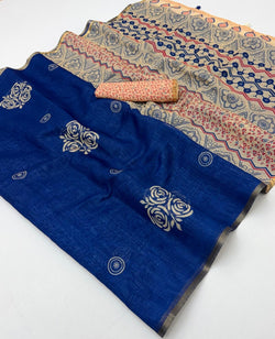 Prominent Royal Blue Printed Cotton Silk Saree With Vestigial Blouse Piece