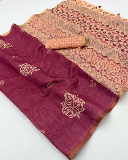 Jubilant Maroon Printed Cotton Silk Saree With Outstanding Blouse Piece