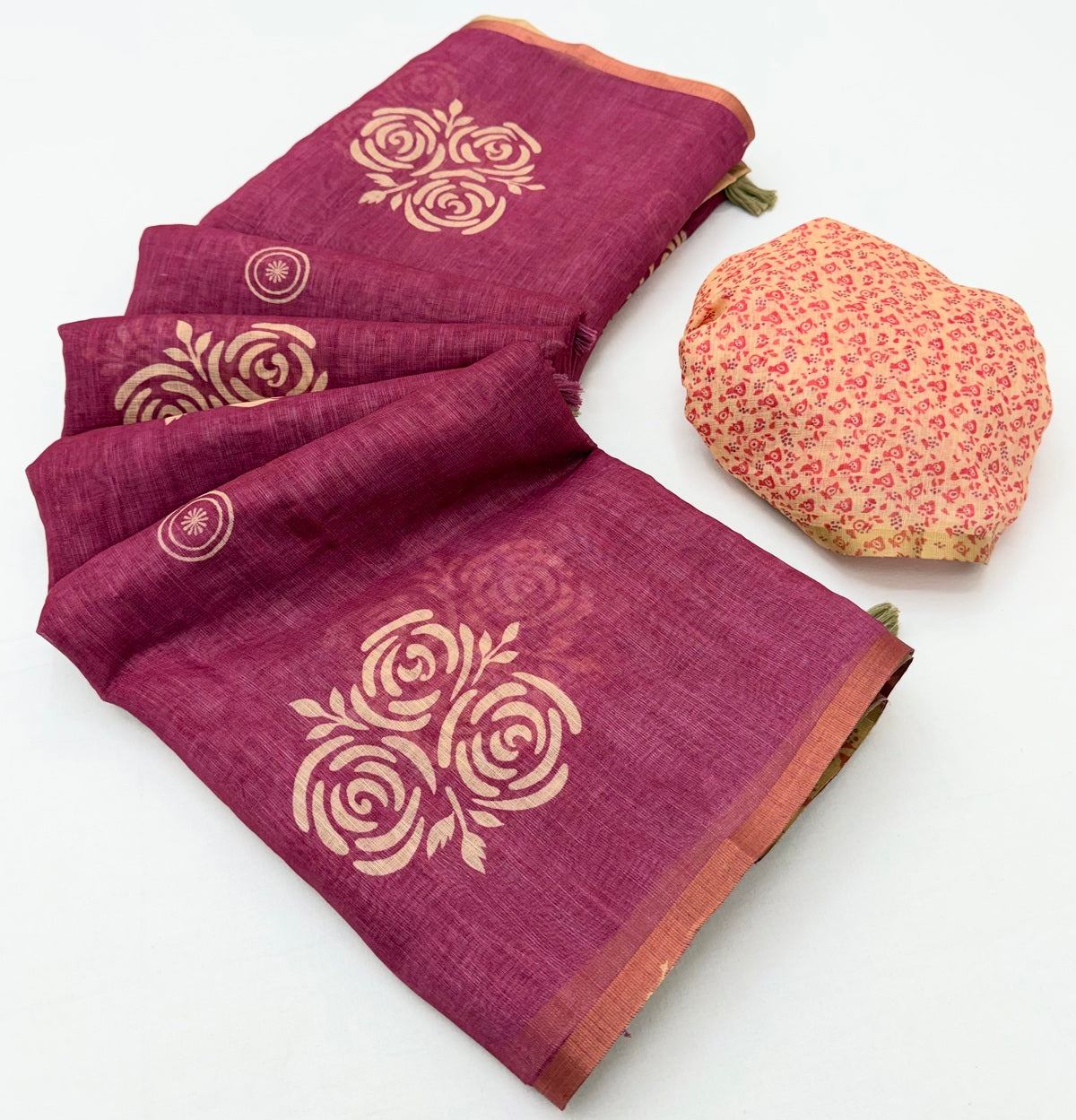 Jubilant Maroon Printed Cotton Silk Saree With Outstanding Blouse Piece