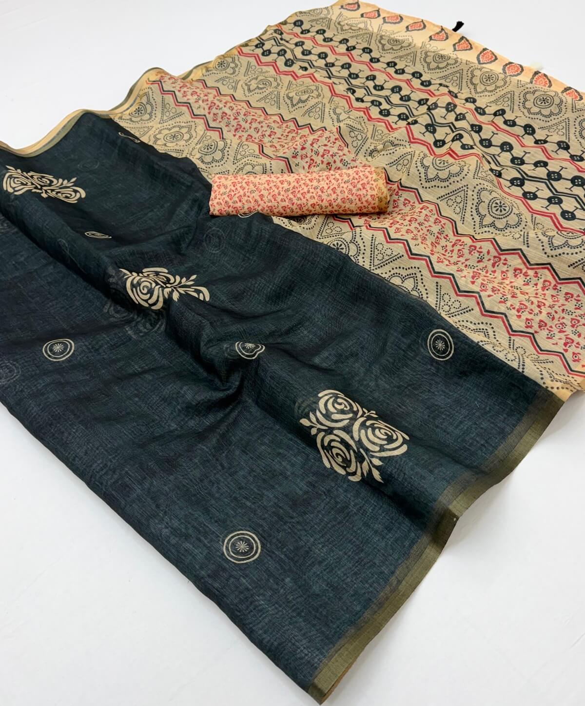 Beguiling Black Printed Cotton Silk Saree With Quixotic Blouse Piece