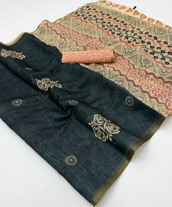 Beguiling Black Printed Cotton Silk Saree With Quixotic Blouse Piece