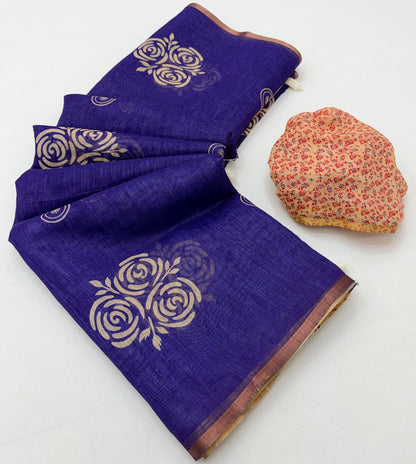 Enchanting Royal Purple Printed Cotton Silk Saree With Seraphic Blouse Piece