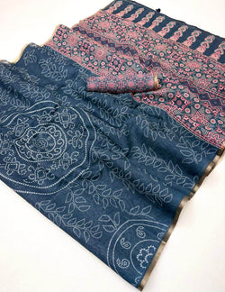 Incomparable Blue Printed Cotton Silk Saree With Propinquity Blouse Piece