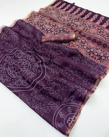 Epiphany Purple Printed Cotton Silk Saree With Fairytale Blouse Piece