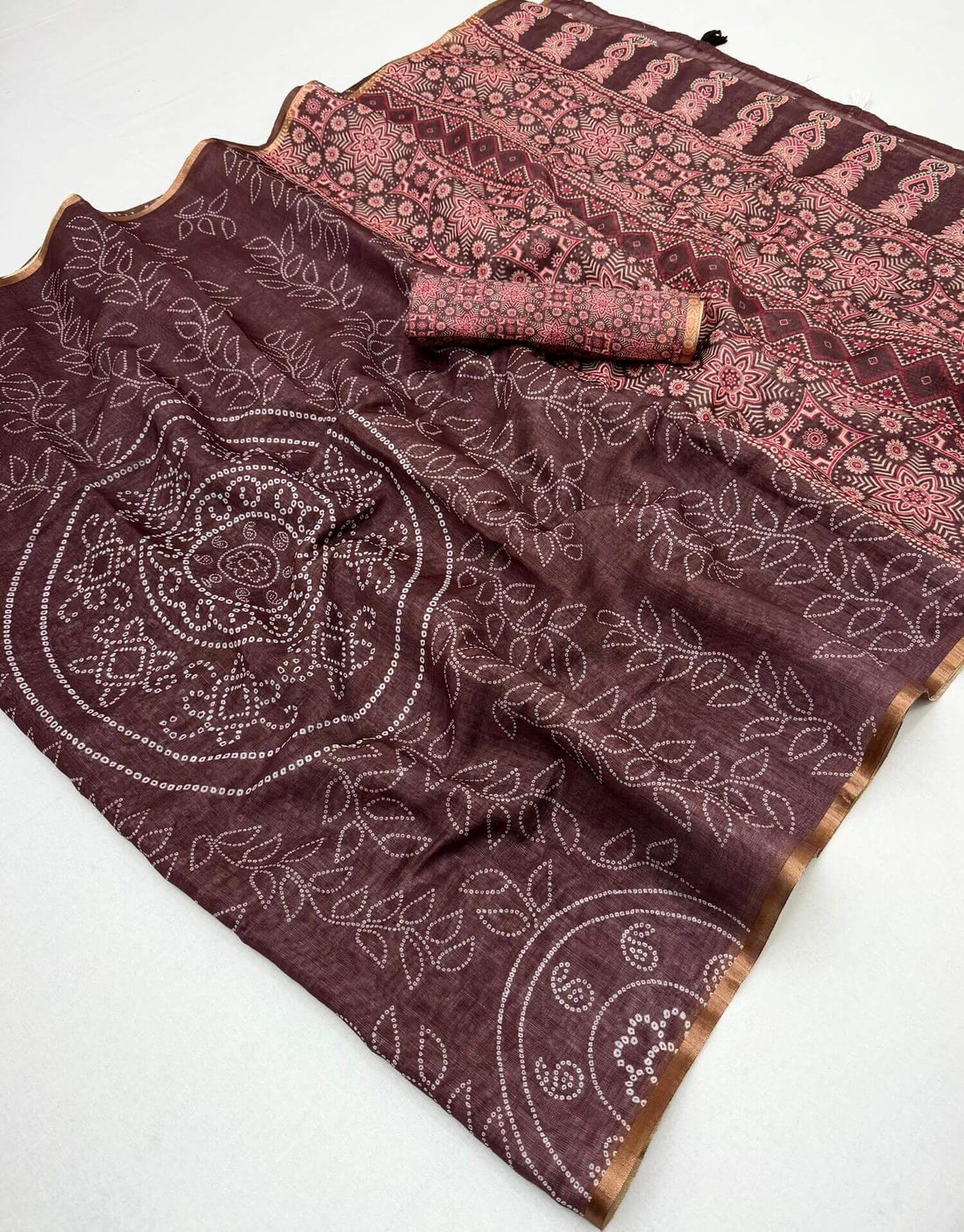 Glowing Brown Printed Cotton Silk Saree With Admirable Blouse Piece