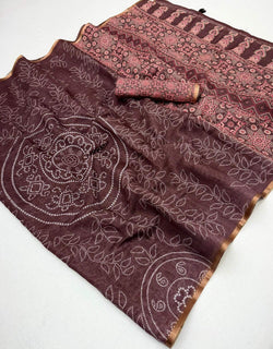 Glowing Brown Printed Cotton Silk Saree With Admirable Blouse Piece