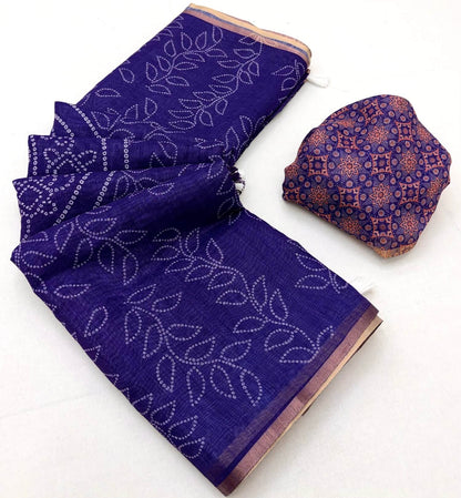 Winsome Royal Purple Printed Cotton Silk Saree With Symmetrical Blouse Piece