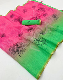 Fragrant Pink and Green Printed Cotton Silk Saree With Incredible Blouse Piece