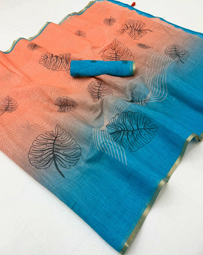 Phenomenal Peach and Blue Printed Cotton Silk Saree With Aplomb Blouse Piece