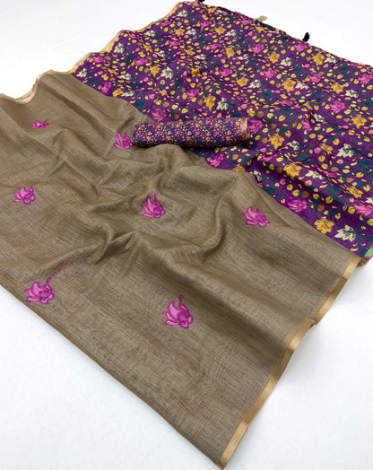 Dulcet Dark Beige Printed Cotton Silk Saree With Rhapsodic Blouse Piece