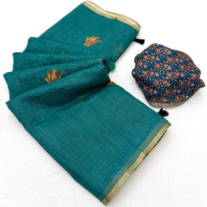 Opulent Rama Printed Cotton Silk Saree With Cynosure Blouse Piece